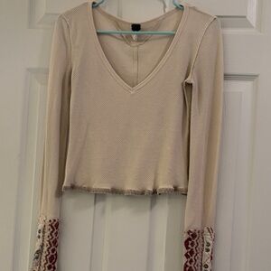 We The Free Cream and Red Long Sleeve Top